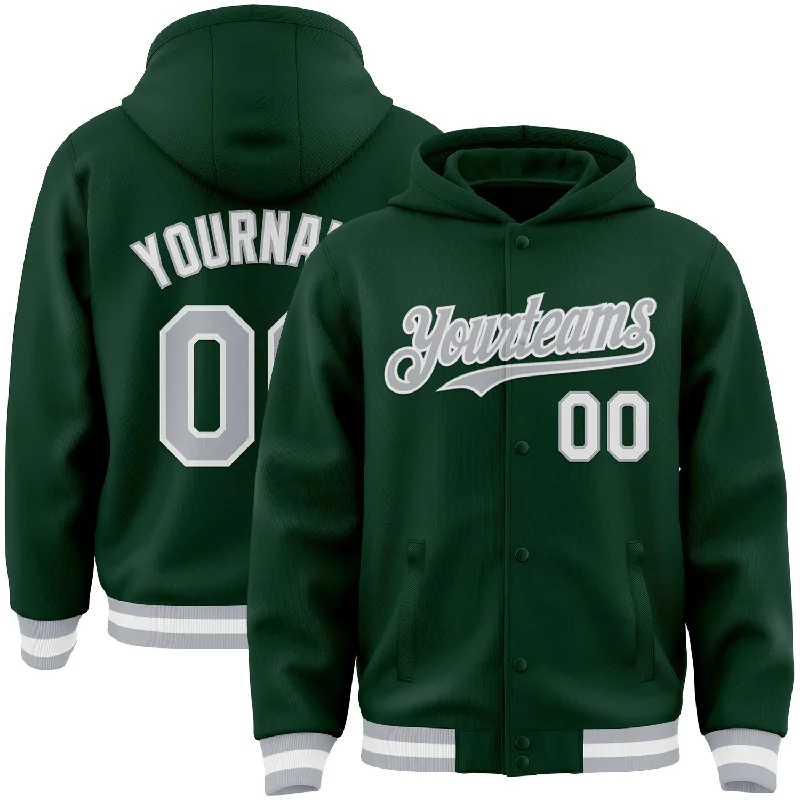 Contemporary Gender-Free Clothing Styles New Styles Just In Custom Green Gray-White Bomber Full-Snap Varsity Letterman Hoodie Jacket Contemporary Gender-Free Clothing Styles New Styles Just In Custom Green Gray-White Bomber Full-Snap Varsity Letterman Hoodie Jacket