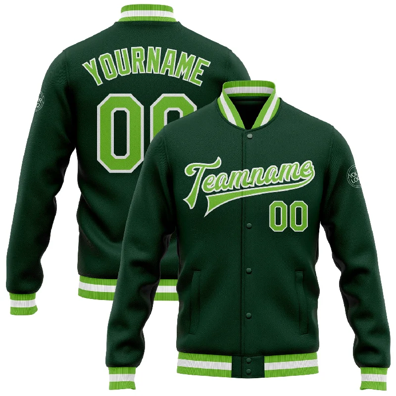 All-Season Unisex Clothing Collection Elegant Fashion Offers Custom Green Neon Green-White Bomber Full-Snap Varsity Letterman Jacket