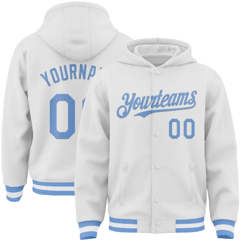 Urban-Inspired Unisex Fashion Pieces Seasonal Clearance Custom White Light Blue Bomber Full-Snap Varsity Letterman Hoodie Jacket