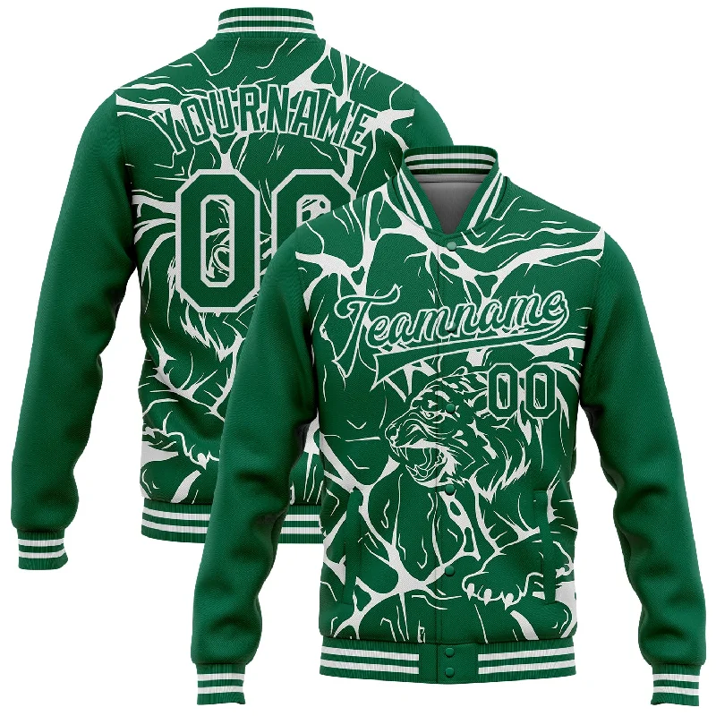 Functional And Stylish Unisex Outerwear Season Offer Custom Kelly Green White Abstract Network And Tiger 3D Pattern Design Bomber Full-Snap Varsity Letterman Jacket