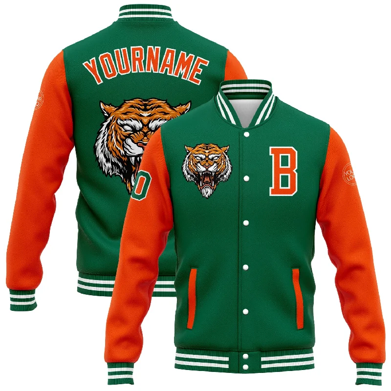 Sleek And Stylish Unisex Outerwear Big Discounts Custom Kelly Green Orange-White 3D Pattern Design Bomber Full-Snap Varsity Letterman Jacket