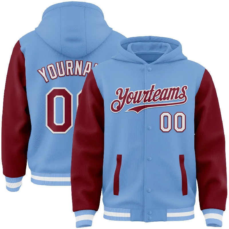 Oversized Unisex Apparel For Effortless Style Flash Sales Custom Light Blue Crimson-White Bomber Full-Snap Varsity Letterman Two Tone Hoodie Jacket