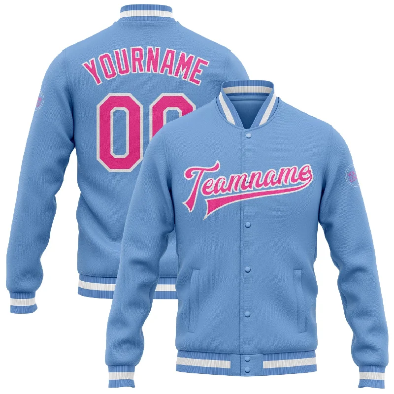Bold And Trendy Gender-Neutral Outfits Classy Style Discounts Custom Light Blue Pink-White Bomber Full-Snap Varsity Letterman Jacket