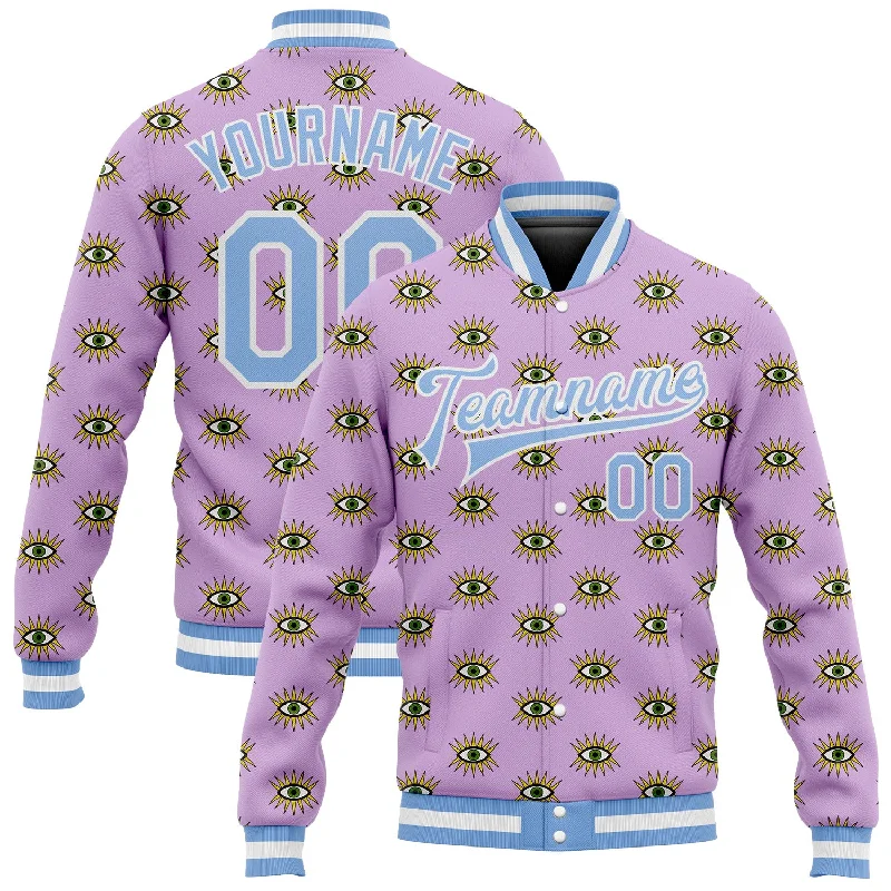 Effortless And Modern Unisex Dressing Spring Fashion Custom Light Purple Light Blue-White Evil Eyes 3D Pattern Design Bomber Full-Snap Varsity Letterman Jacket