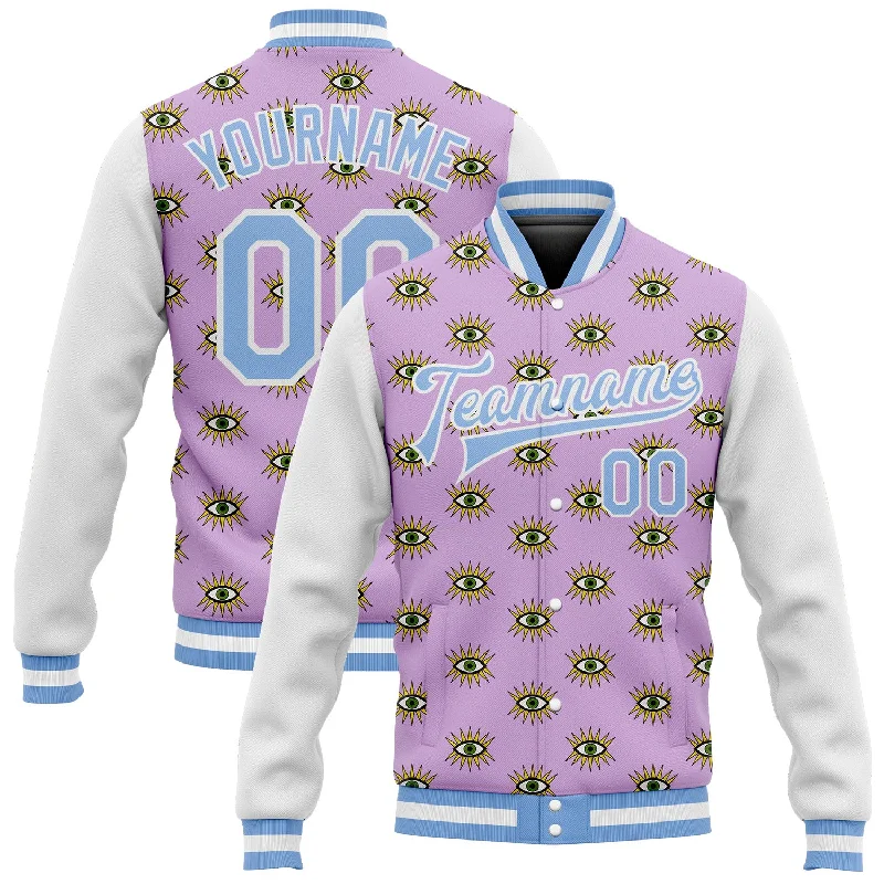 Functional And Stylish Unisex Wear Season Sale Custom Light Purple Light Blue-White Evil Eyes 3D Pattern Design Bomber Full-Snap Varsity Letterman Jacket