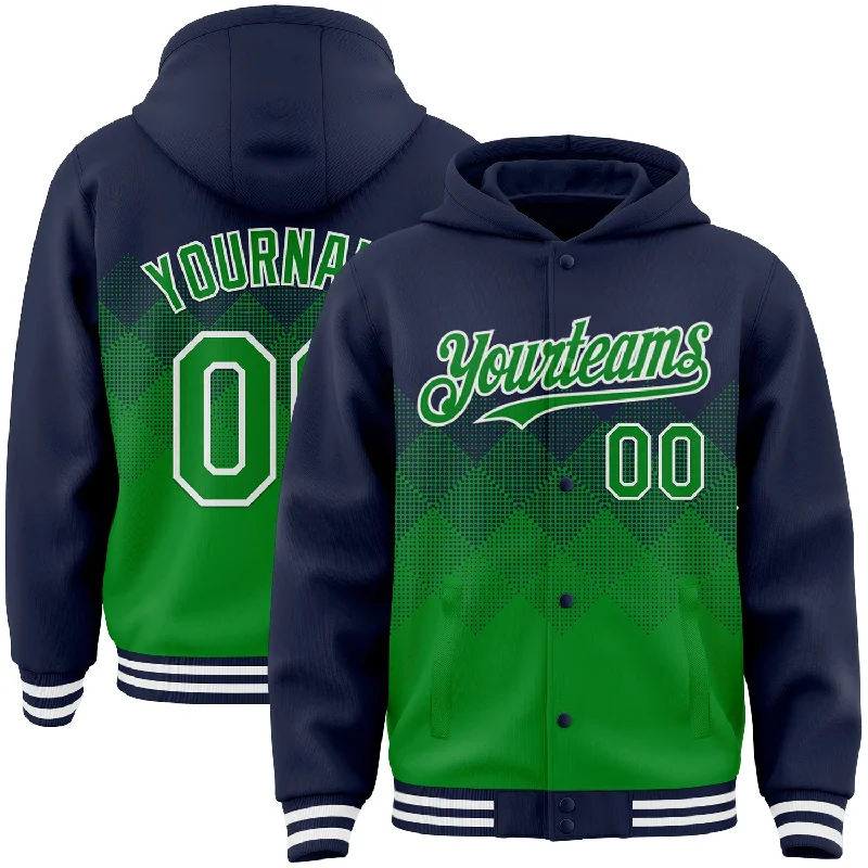 Elegant And Minimal Gender-Free Clothing Luxury Casual Deals Custom Navy Grass Green-White Gradient Square Shape 3D Pattern Design Bomber Full-Snap Varsity Letterman Hoodie Jacket