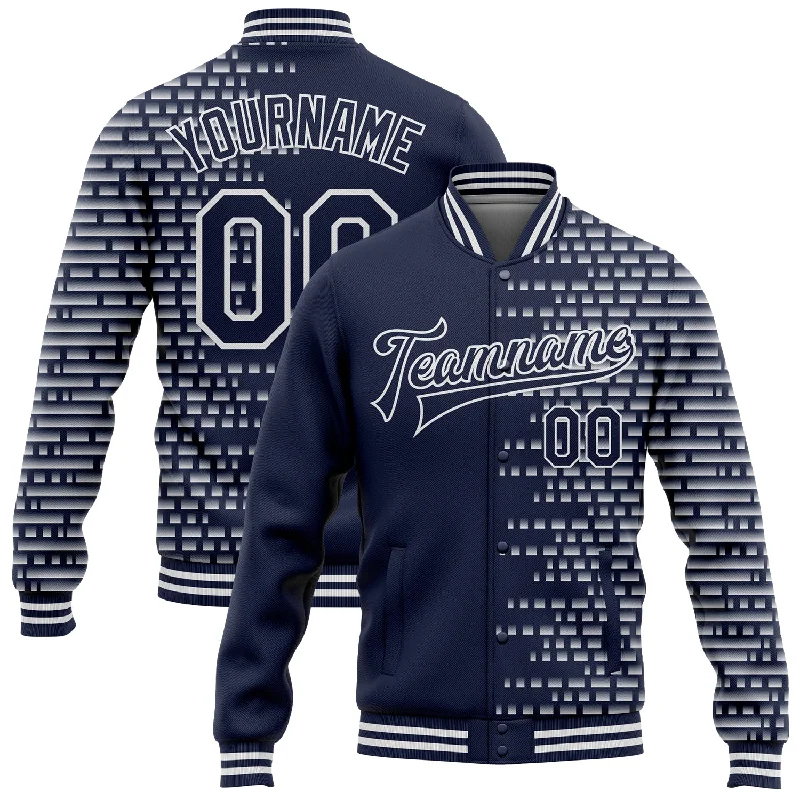 Modern Unisex Clothing For Any Occasion Unleash Your Trend Driven Style Custom Navy White Halftone 3D Pattern Design Bomber Full-Snap Varsity Letterman Jacket