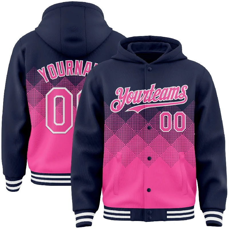 Unisex Everyday Fashion Essentials Romantic Fashion Discounts Custom Navy Pink-White Gradient Square Shape 3D Pattern Design Bomber Full-Snap Varsity Letterman Hoodie Jacket