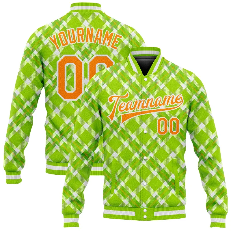 Versatile Gender-Free Wardrobe Essentials Fresh Styles, Fresh Deals Custom Neon Green Bay Orange-White Check Board 3D Pattern Design Bomber Full-Snap Varsity Letterman Jacket