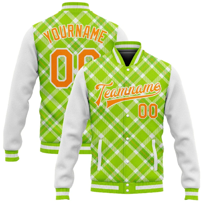 Relaxed-Fit Unisex Clothing Options Weekend Exclusive Custom Neon Green Bay Orange-White Check Board 3D Pattern Design Bomber Full-Snap Varsity Letterman Jacket