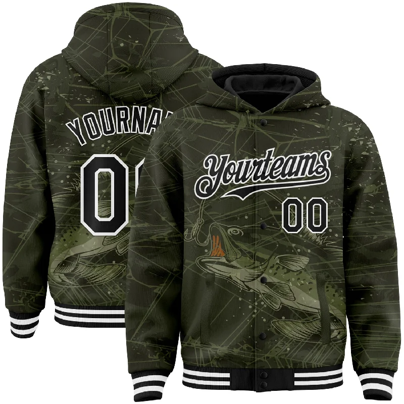 Urban Unisex Fashion Outfits Huge Discounts This Week Custom Olive Black-White Largemouth Bass Fish Fishing 3D Bomber Full-Snap Varsity Letterman Hoodie Jacket