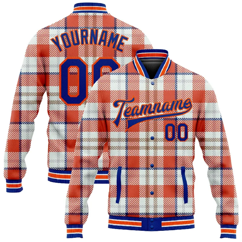 Fashion-Forward Gender-Neutral Outfit Ideas Limited Time Deal Custom Orange Royal-White Check Board 3D Pattern Design Bomber Full-Snap Varsity Letterman Jacket