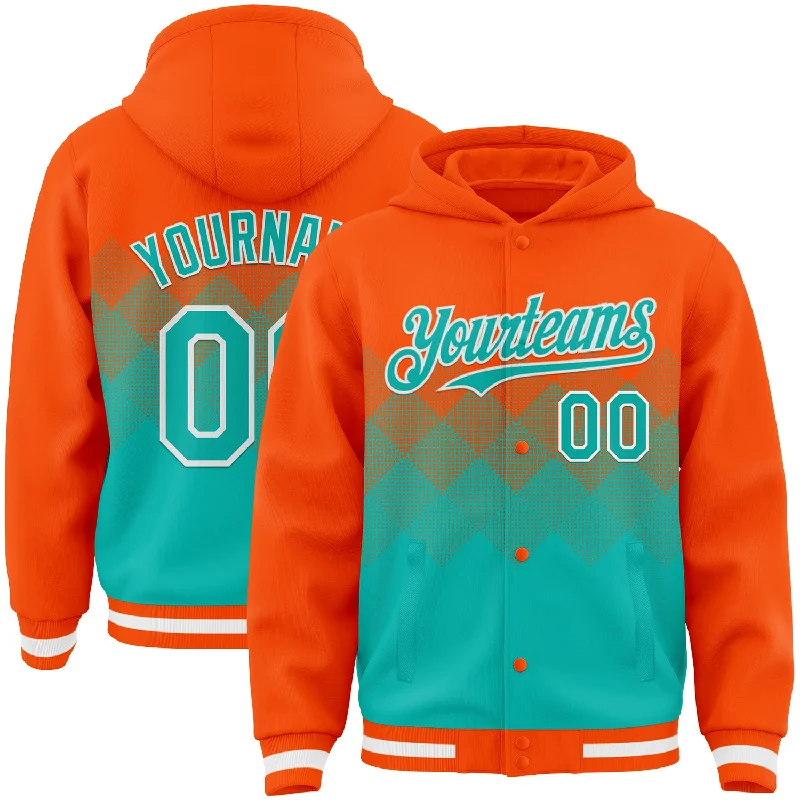 Fashion-Forward Unisex Apparel Chic Style Discounts Custom Orange Aqua-White Gradient Square Shape 3D Pattern Design Bomber Full-Snap Varsity Letterman Hoodie Jacket