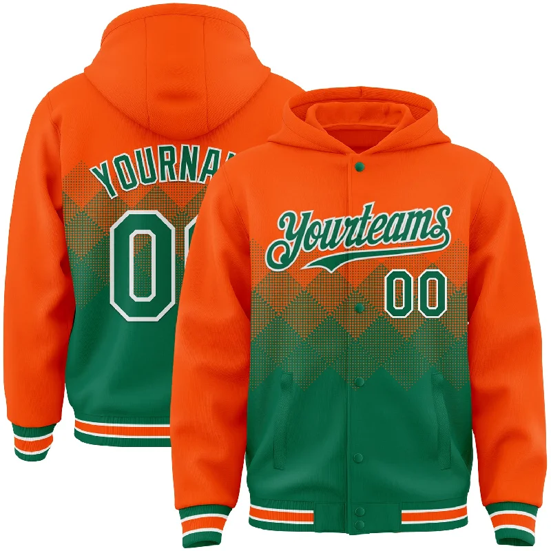 Urban Unisex Fashion Outfits Trendy Street Style Custom Orange Kelly Green-White Gradient Square Shape 3D Pattern Design Bomber Full-Snap Varsity Letterman Hoodie Jacket