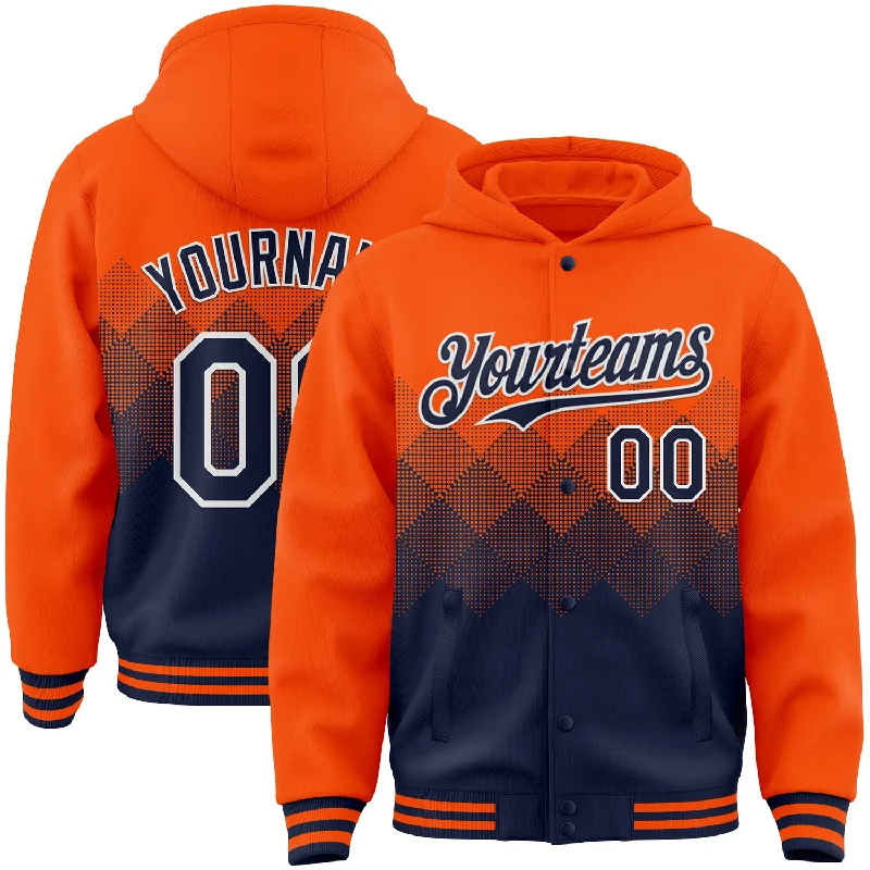 Versatile And Stylish Unisex Apparel Vintage Style Deals Custom Orange Navy-White Gradient Square Shape 3D Pattern Design Bomber Full-Snap Varsity Letterman Hoodie Jacket