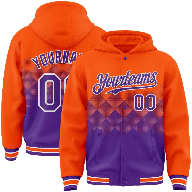 Soft And Breathable Unisex Loungewear Sophisticated Fashion Custom Orange Purple-White Gradient Square Shape 3D Pattern Design Bomber Full-Snap Varsity Letterman Hoodie Jacket