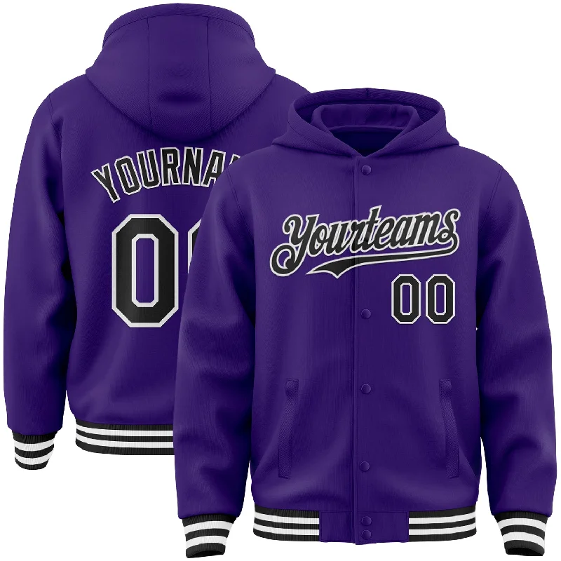 Unisex Casual Fashion Trends Refined Fashion Sale Custom Purple Black-White Bomber Full-Snap Varsity Letterman Hoodie Jacket