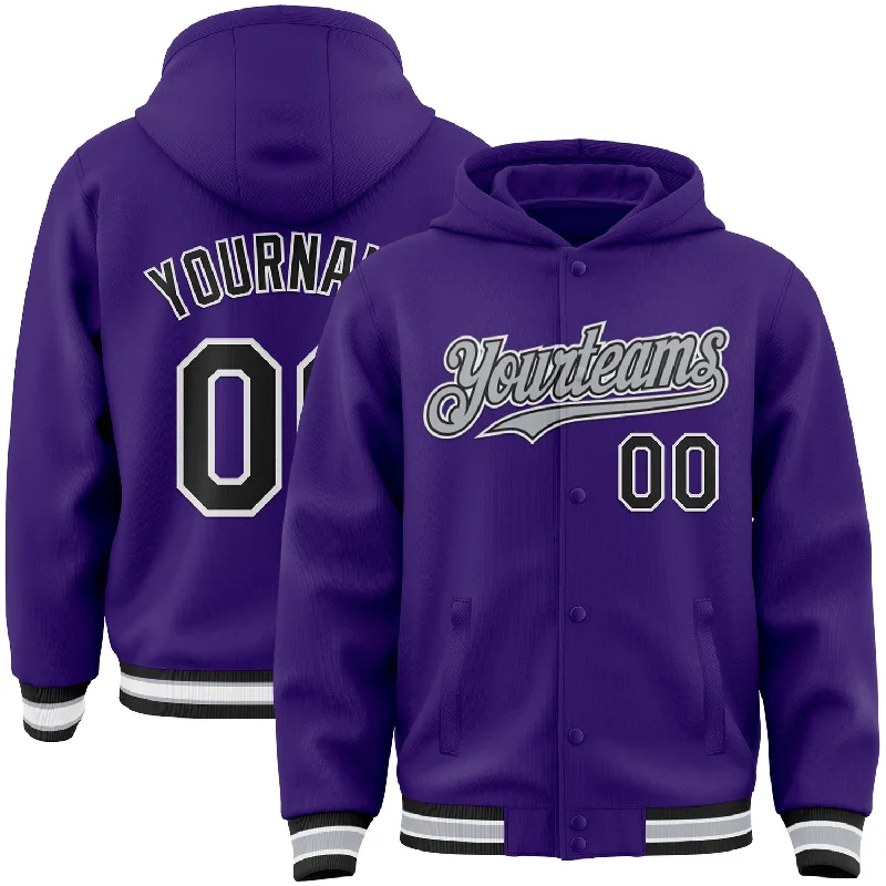 Chic And Contemporary Unisex Clothing Choices Limited-Time Offer Custom Purple Black-Gray Bomber Full-Snap Varsity Letterman Hoodie Jacket