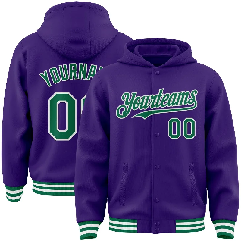 Everyday Wear For Men And Women Fashion Sale Custom Purple Kelly Green-White Bomber Full-Snap Varsity Letterman Hoodie Jacket