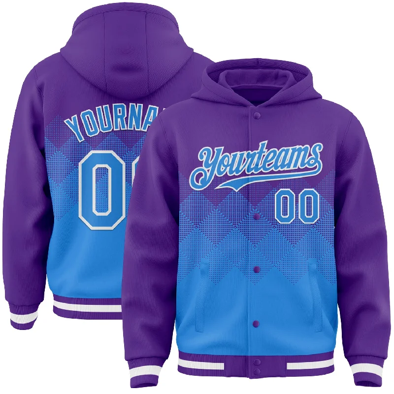 Sustainable Gender-Neutral Apparel Casual Fashion Custom Purple Powder Blue-White Gradient Square Shape 3D Pattern Design Bomber Full-Snap Varsity Letterman Hoodie Jacket