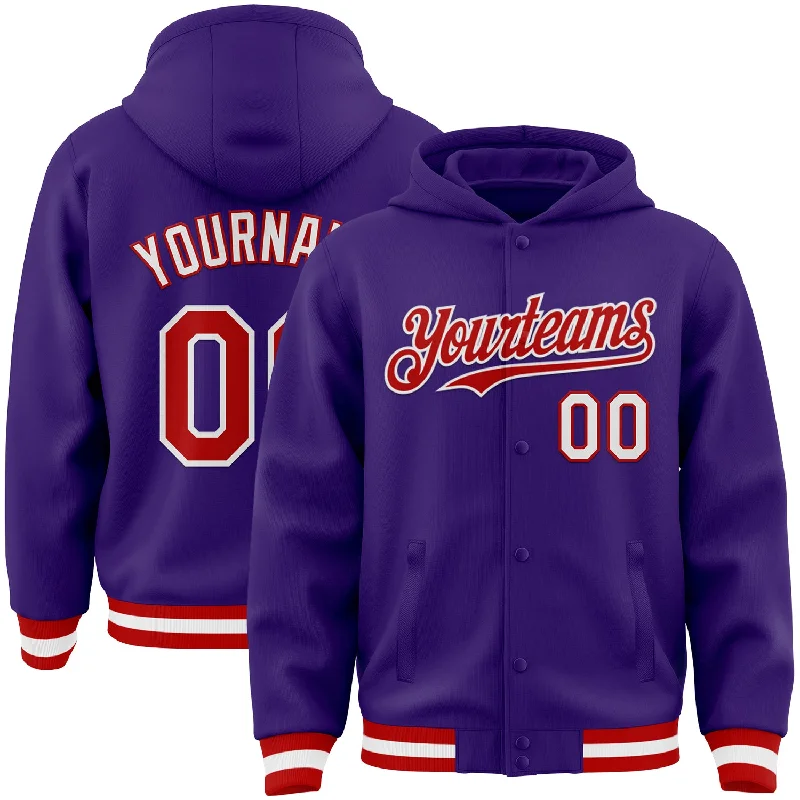 Versatile Clothing For All Genders Enjoy Discount Custom Purple Red-White Bomber Full-Snap Varsity Letterman Hoodie Jacket