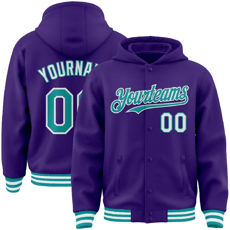 Gender-Neutral Trendy Clothing Styles Season Sale Custom Purple Teal-White Bomber Full-Snap Varsity Letterman Hoodie Jacket