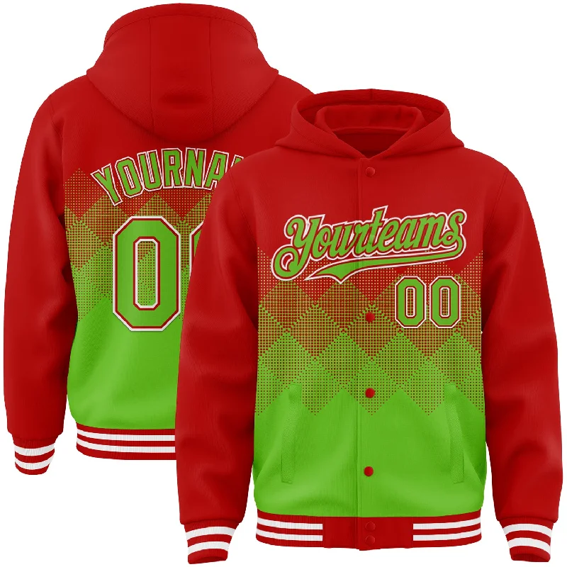 Urban-Inspired Unisex Fashion Trends Limited Stock Custom Red Aurora Green-White Gradient Square Shape 3D Pattern Design Bomber Full-Snap Varsity Letterman Hoodie Jacket