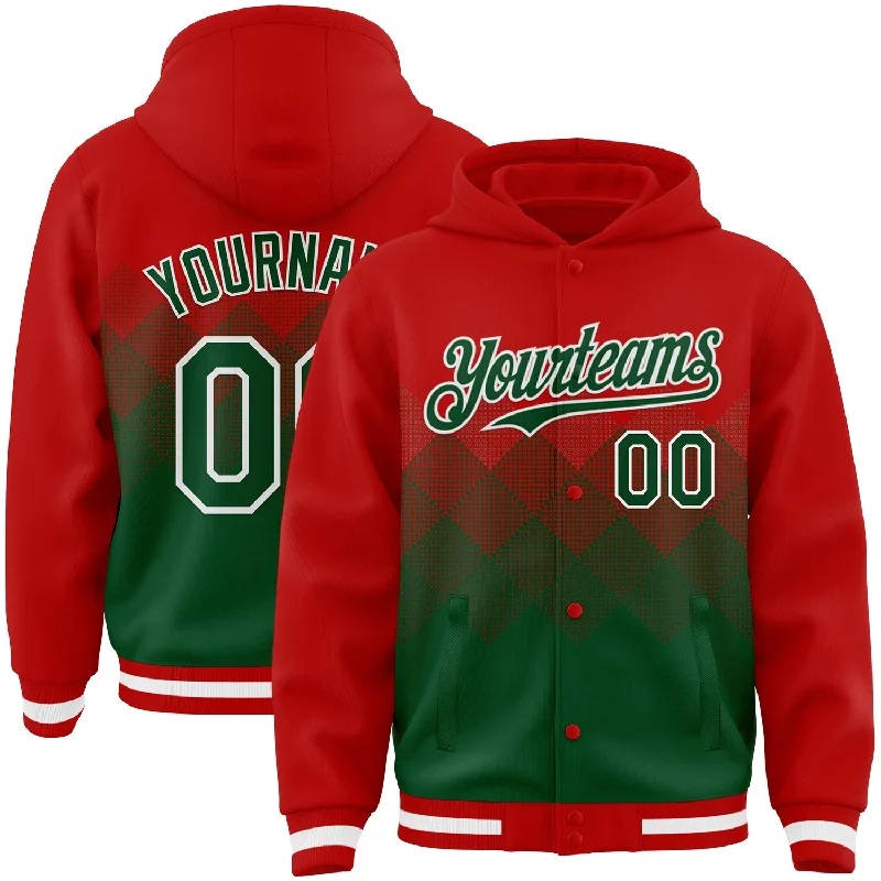 Relaxed-Fit Unisex Clothing Options Premium Style Offers Custom Red Green-White Gradient Square Shape 3D Pattern Design Bomber Full-Snap Varsity Letterman Hoodie Jacket