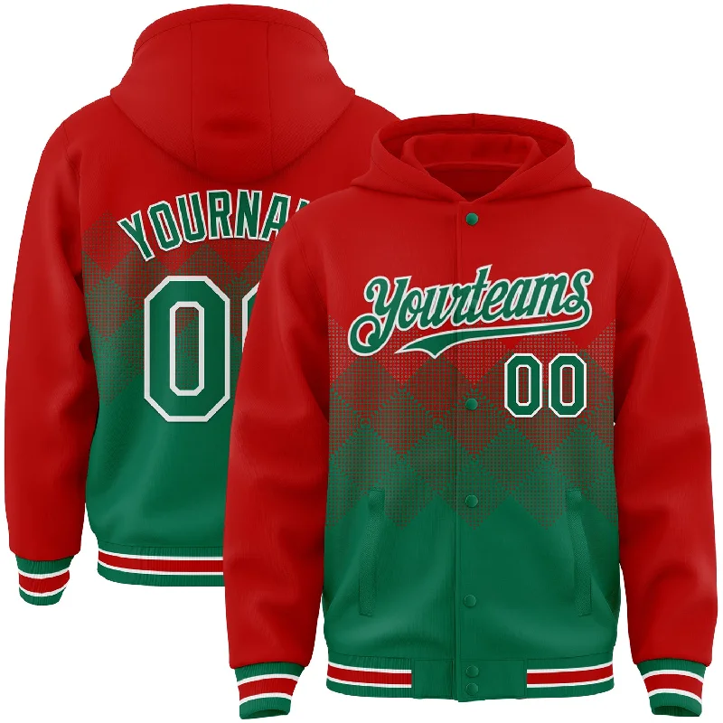 Unisex Everyday Fashion Essentials Budget Saver Custom Red Kelly Green-White Gradient Square Shape 3D Pattern Design Bomber Full-Snap Varsity Letterman Hoodie Jacket