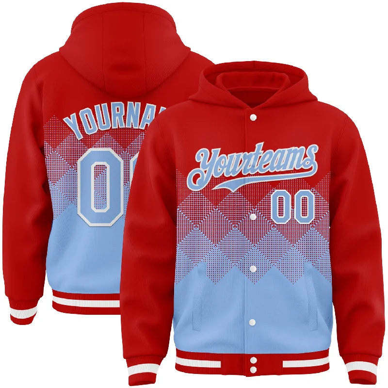 Elegant And Minimal Gender-Free Clothing Ends Soon Custom Red Light Blue-White Gradient Square Shape 3D Pattern Design Bomber Full-Snap Varsity Letterman Hoodie Jacket