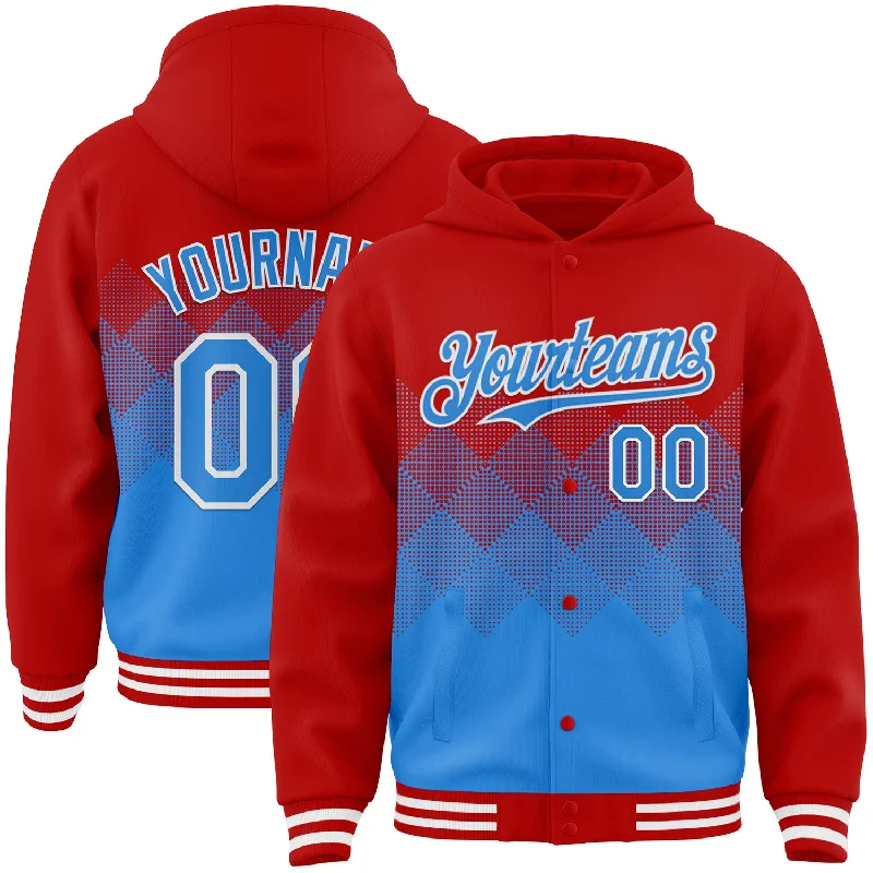 Fashion-Forward Gender-Neutral Outfit Ideas Fashionable Comfort Promotions Custom Red Powder Blue-White Gradient Square Shape 3D Pattern Design Bomber Full-Snap Varsity Letterman Hoodie Jacket