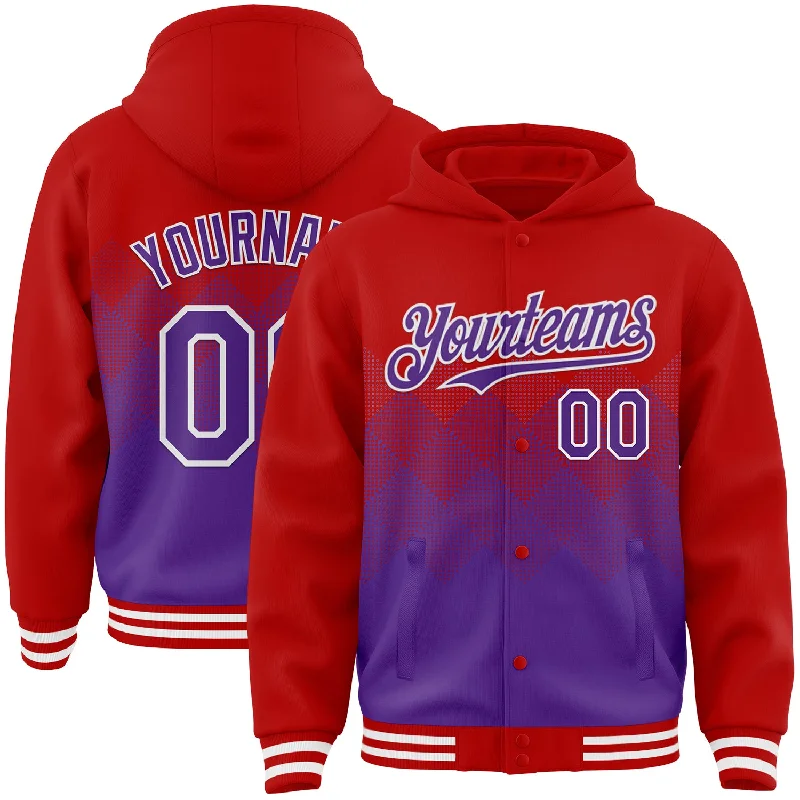 Sleek And Comfortable Unisex Wear Classic Modern Offers Custom Red Purple-White Gradient Square Shape 3D Pattern Design Bomber Full-Snap Varsity Letterman Hoodie Jacket