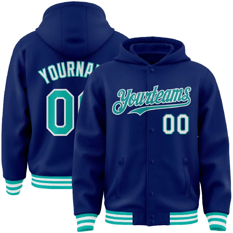 Comfortable And Stylish Unisex Outfits Premium Fashion Custom Royal Aqua-White Bomber Full-Snap Varsity Letterman Hoodie Jacket