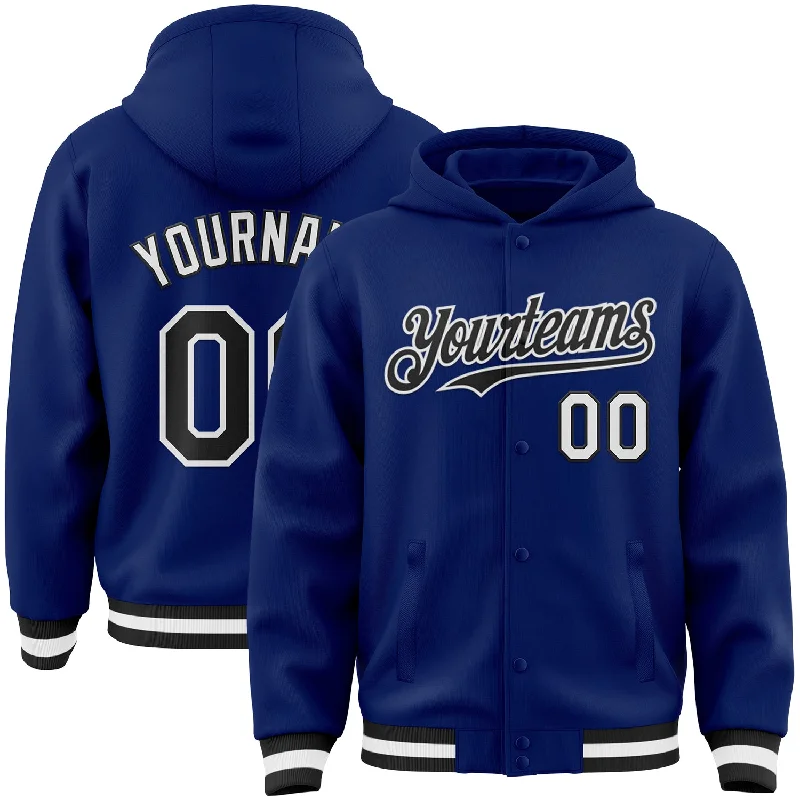 Fashion-Forward Unisex Apparel Break Fashion Norms Custom Royal Black-White Bomber Full-Snap Varsity Letterman Hoodie Jacket
