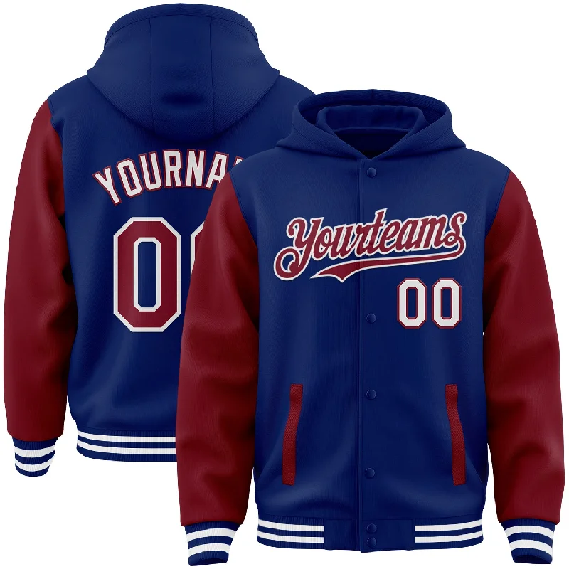 Sustainable And Ethical Unisex Clothing Budget Saver Custom Royal Crimson-White Bomber Full-Snap Varsity Letterman Two Tone Hoodie Jacket