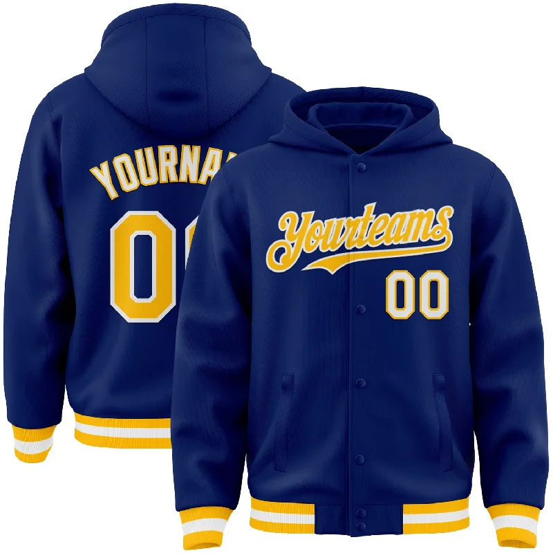 Urban-Inspired Unisex Fashion Trends End-Of-Season Clearance Custom Royal Gold-White Bomber Full-Snap Varsity Letterman Hoodie Jacket