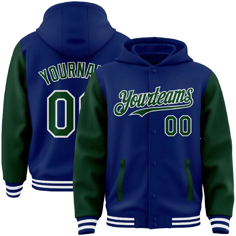 Urban-Inspired Unisex Fashion Trends Limited Stock, Big Discounts Custom Royal Green-White Bomber Full-Snap Varsity Letterman Two Tone Hoodie Jacket