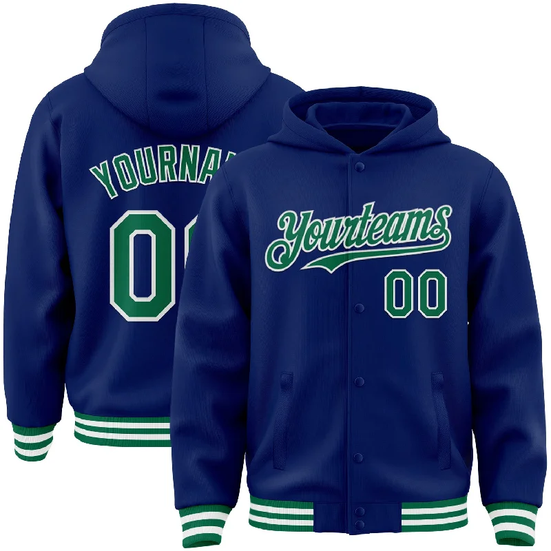 Functional And Stylish Unisex Outerwear Elegant Fashion Offers Custom Royal Kelly Green-White Bomber Full-Snap Varsity Letterman Hoodie Jacket