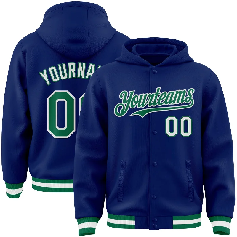 Fashion-Forward Gender-Neutral Outerwear Elegant Style Custom Royal Kelly Green-White Bomber Full-Snap Varsity Letterman Hoodie Jacket