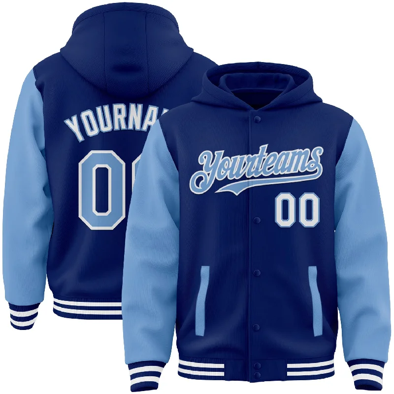 Functional And Stylish Unisex Wear Final Sale Custom Royal Light Blue-White Bomber Full-Snap Varsity Letterman Two Tone Hoodie Jacket