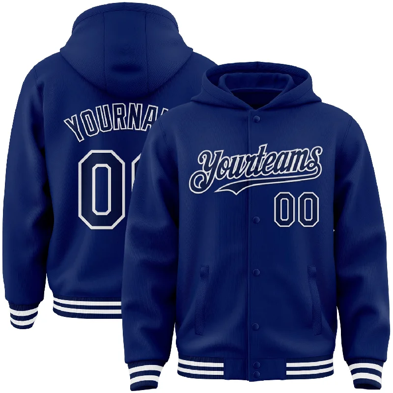 Unisex Everyday Fashion Essentials Sophisticated Style Offers Custom Royal Navy-White Bomber Full-Snap Varsity Letterman Hoodie Jacket