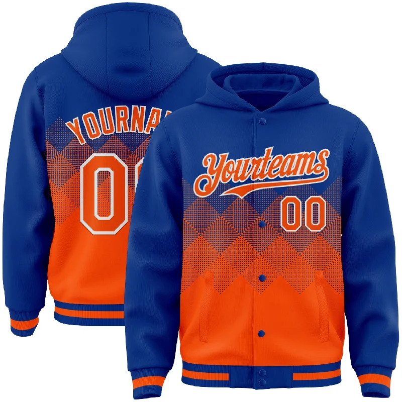 Stylish Unisex Outfit Ideas Timeless Elegance Sale Custom Royal Orange-White Gradient Square Shape 3D Pattern Design Bomber Full-Snap Varsity Letterman Hoodie Jacket