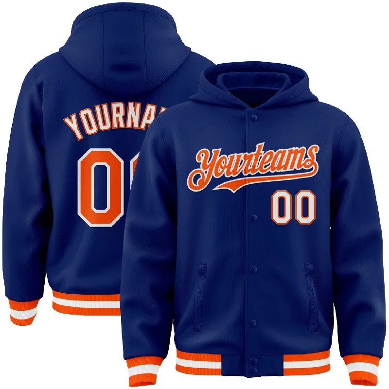 Modern Unisex Streetwear Outfits Exclusive Discount Custom Royal Orange-White Bomber Full-Snap Varsity Letterman Hoodie Jacket