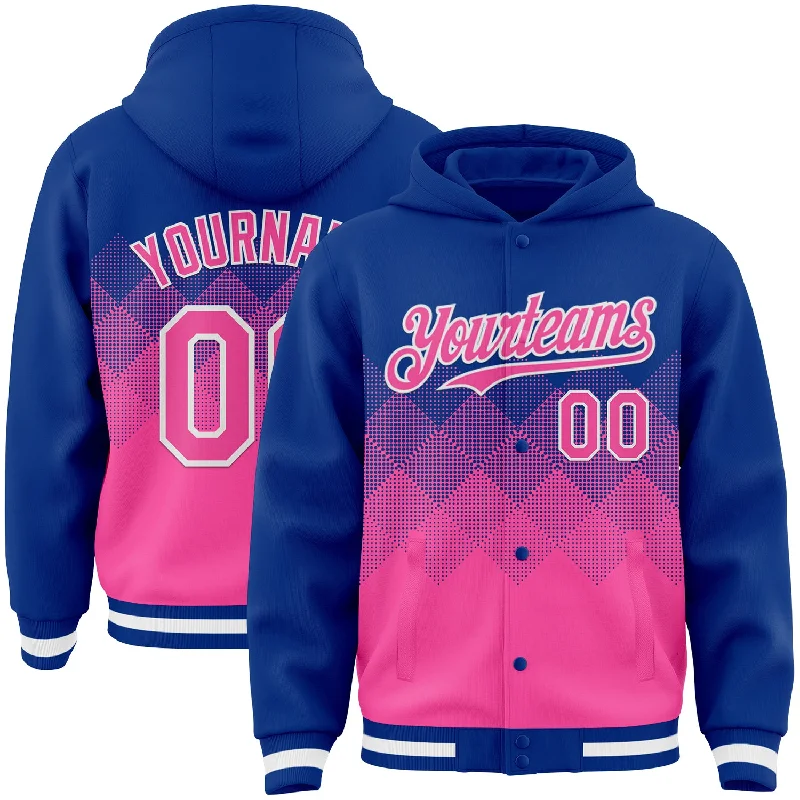 Lightweight And Breathable Unisex Wear Contemporary Fashion Sale Custom Royal Pink-White Gradient Square Shape 3D Pattern Design Bomber Full-Snap Varsity Letterman Hoodie Jacket