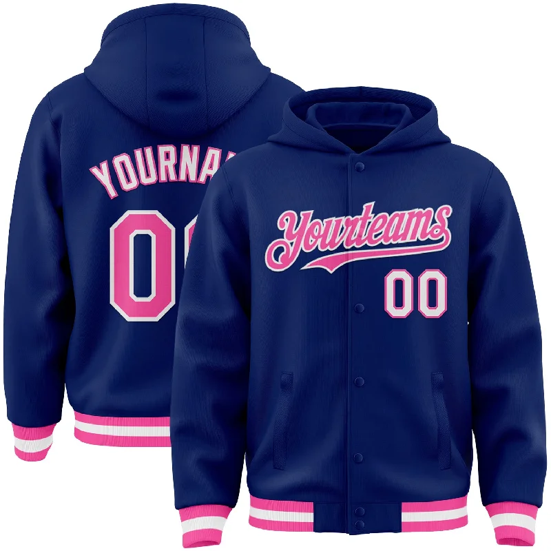Chic And Casual Unisex Fashion Trends Chic And Trendy Custom Royal Pink-White Bomber Full-Snap Varsity Letterman Hoodie Jacket