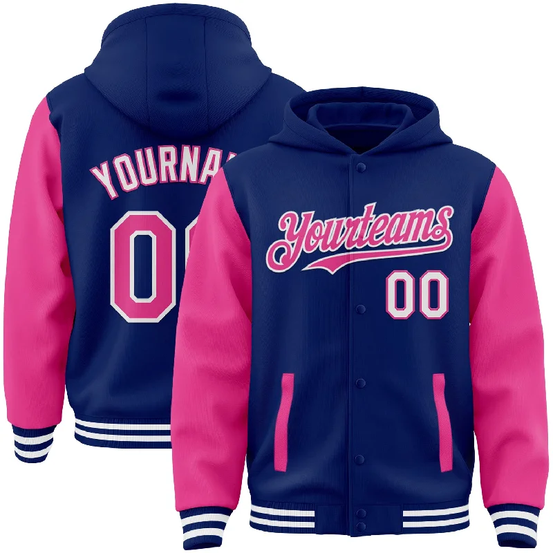 Trendy Unisex Streetwear Fashion Flash Sale Starts Custom Royal Pink-White Bomber Full-Snap Varsity Letterman Two Tone Hoodie Jacket