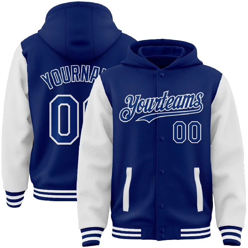 Modern Unisex Streetwear Outfits Stupidly Low Prices Custom Royal White Bomber Full-Snap Varsity Letterman Two Tone Hoodie Jacket