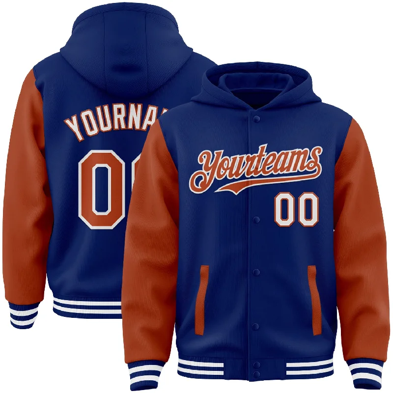Breathable And Lightweight Unisex Wear Browse Our Top Products Custom Royal Texas Orange-White Bomber Full-Snap Varsity Letterman Two Tone Hoodie Jacket