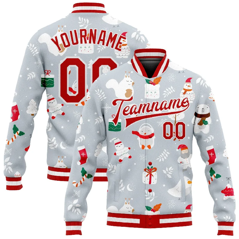 Comfortable Gender-Free Fashion Choices Find Your Unique Flair Custom Silver Red-White Christmas 3D Bomber Full-Snap Varsity Letterman Jacket
