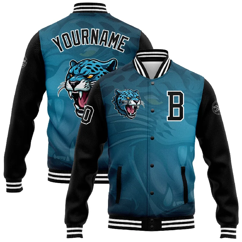 Contemporary Gender-Free Clothing Styles Unbeatable Prices Custom Teal Black-White 3D Pattern Design Bomber Full-Snap Varsity Letterman Jacket